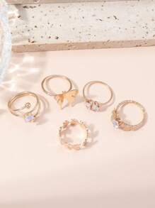 Bộ 5 chiếc/Bộ nhẫn có thể điều chỉnh hình hoa Cubic Zirconia mạ bạch kim số 2025, Thích hợp cho phụ nữ tham dự tiệc, tiệc tùng, lễ kỷ niệm, Bộ nhẫn hở hình trái tim, mặt trăng, tia chớp, hoa Zirconia đa năng, quà tặng cho bạn gái, bạn nữ, sinh nhật con gái - Vàng - Xem 5