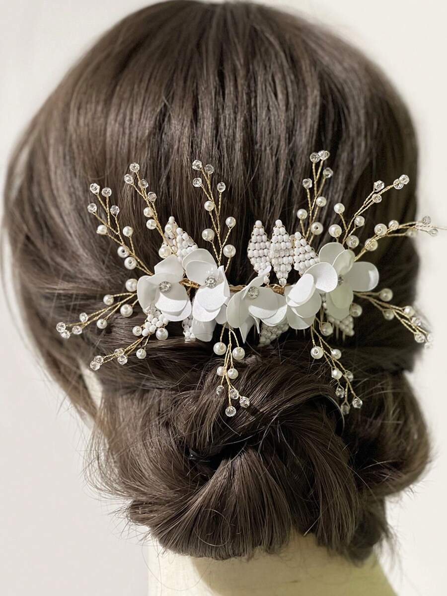 珍珠和花朵裝飾新娘髮夾 - 白色 - 查看 1
