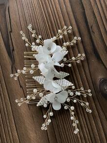 珍珠和花朵裝飾新娘髮夾 - 白色 - 查看 2