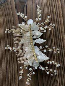 珍珠和花朵裝飾新娘髮夾 - 白色 - 查看 3