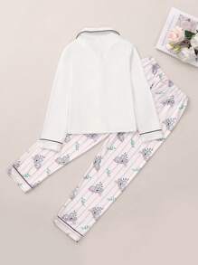 Girls Striped & Cartoon Graphic Contrast Piping PJ Set - White - View 2