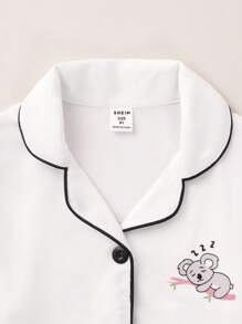 Girls Striped & Cartoon Graphic Contrast Piping PJ Set - White - View 7