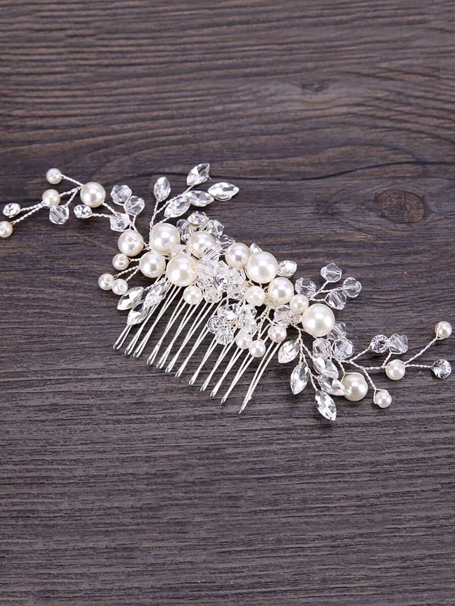 仿珍珠裝飾婚禮髮髻梳，優雅頭飾