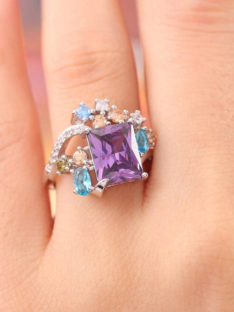 Nhẫn Trang Trí Hình Vuông Đính Đá Cubic Zirconia - Nhiều màu - Xem 1