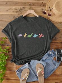 INAWLY Plus Dinosaur Print Tee Graphic Tees Women Tops - Dark Grey - View 1