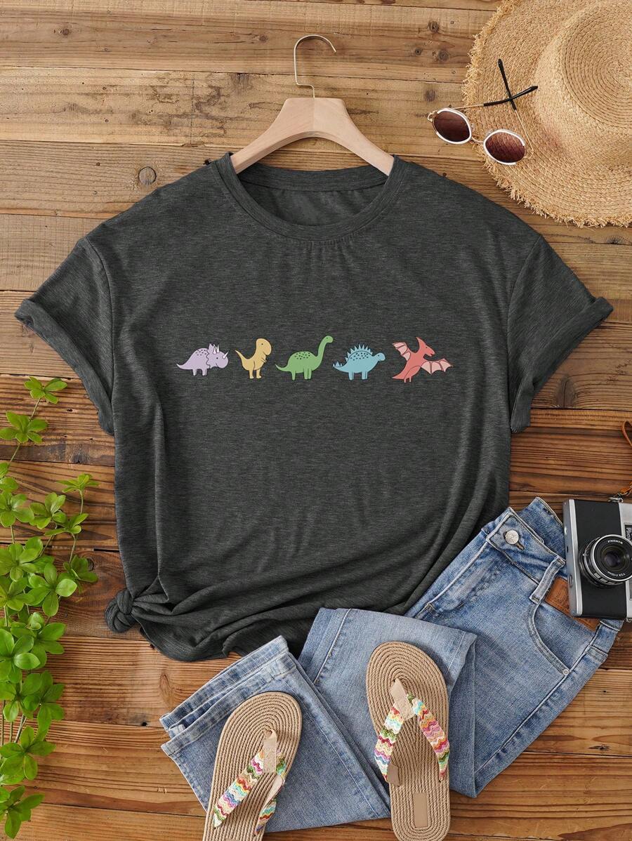 INAWLY Plus Dinosaur Print Tee Graphic Tees Women Tops - Dark Grey - View 1