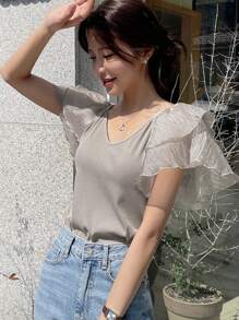 DAZY Contrast Mesh Layer Sleeve V Neck Tee - Grey - View 7