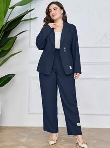 Mulvari Bộ Suit kích thước lớn Đắp vá màu trơn Thanh lịch - Màu xanh hải quân - Xem 1