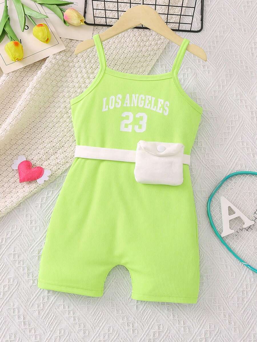 SHEIN 年輕女孩檸檬綠彈性連身衣，帶有可愛字母印花和細肩帶，適合夏季