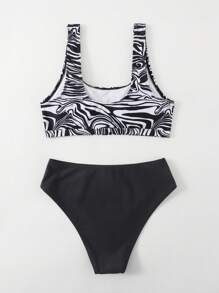 斑馬紋鏤空比基尼泳裝 - 黑與白 - 查看 2