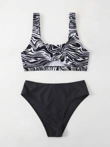 斑馬紋鏤空比基尼泳裝 - 黑與白 - 查看 4