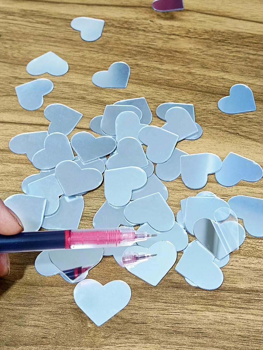 50pcs/Set PMMA Decorative Mirror, Modern Heart Shaped Mirror Wall Sticker For Home Wall Decor Room Decor Wall Mirror Mirror For Room Home Decor Bathroom Decor Living Room Decor - Silver - View 1