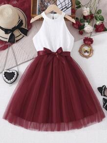 SHEIN 女孩雙色網紗邊腰帶掛脖連衣裙 - 紅白色 - 查看 1