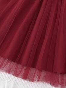 SHEIN 女孩雙色網紗邊腰帶掛脖連衣裙 - 紅白色 - 查看 4