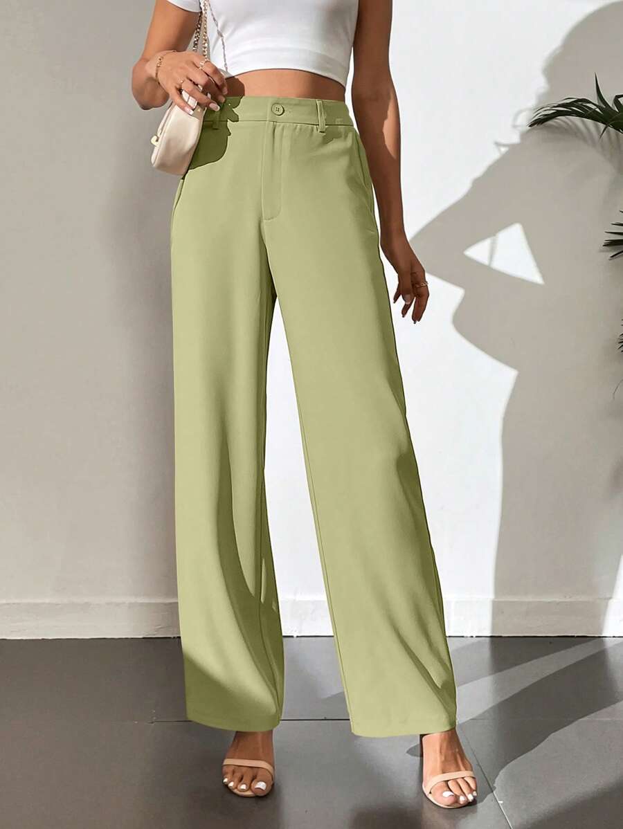 SHEIN Tall Quần nữ Nút Túi Dây kéo màu trơn Giải trí - Màu xanh Bạc hà - Xem 1