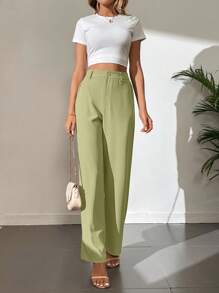 SHEIN Tall Quần nữ Nút Túi Dây kéo màu trơn Giải trí - Màu xanh Bạc hà - Xem 5