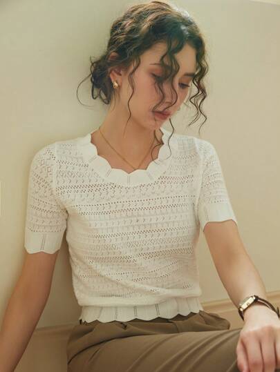 Knit Mix Elegant Women's Shirt, Distinctive Lace Trim Round Neck Hollow Out Short Sleeve Fitted T-Shirt, Suitable For Petite Figures, Solid Color, Casual/Work Appropriate, Spring/Summer Top, Subtle Vintage Cream Color, Back To School Spring/Summer Wear, Also Suitable For Casual Occasions Like Christmas, Thanksgiving And New Year.
