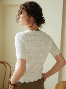 Knit Mix Áo sơ mi nữ thanh lịch, áo thun ngắn tay cổ tròn khoét eo với viền ren độc đáo, phù hợp với dáng người nhỏ nhắn, màu trơn, thích hợp mặc thường ngày/đi làm, áo mùa xuân/hè, màu kem cổ điển tinh tế, trang phục đi học mùa xuân/hè, cũng thích hợp cho các dịp thường nhật như Giáng sinh, Lễ Tạ ơn và Năm mới. Màu trắng - trắng - Xem 2