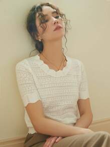 Knit Mix Áo sơ mi nữ thanh lịch, áo thun ngắn tay cổ tròn khoét eo với viền ren độc đáo, phù hợp với dáng người nhỏ nhắn, màu trơn, thích hợp mặc thường ngày/đi làm, áo mùa xuân/hè, màu kem cổ điển tinh tế, trang phục đi học mùa xuân/hè, cũng thích hợp cho các dịp thường nhật như Giáng sinh, Lễ Tạ ơn và Năm mới. Màu trắng - trắng - Xem 3