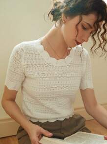 Knit Mix Áo sơ mi nữ thanh lịch, áo thun ngắn tay cổ tròn khoét eo với viền ren độc đáo, phù hợp với dáng người nhỏ nhắn, màu trơn, thích hợp mặc thường ngày/đi làm, áo mùa xuân/hè, màu kem cổ điển tinh tế, trang phục đi học mùa xuân/hè, cũng thích hợp cho các dịp thường nhật như Giáng sinh, Lễ Tạ ơn và Năm mới. Màu trắng - trắng - Xem 4