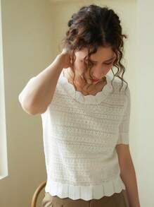 Knit Mix Áo sơ mi nữ thanh lịch, áo thun ngắn tay cổ tròn khoét eo với viền ren độc đáo, phù hợp với dáng người nhỏ nhắn, màu trơn, thích hợp mặc thường ngày/đi làm, áo mùa xuân/hè, màu kem cổ điển tinh tế, trang phục đi học mùa xuân/hè, cũng thích hợp cho các dịp thường nhật như Giáng sinh, Lễ Tạ ơn và Năm mới. Màu trắng - trắng - Xem 5