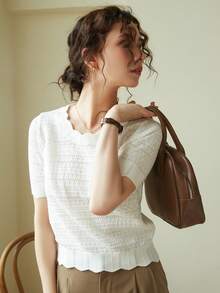 Knit Mix Áo sơ mi nữ thanh lịch, áo thun ngắn tay cổ tròn khoét eo với viền ren độc đáo, phù hợp với dáng người nhỏ nhắn, màu trơn, thích hợp mặc thường ngày/đi làm, áo mùa xuân/hè, màu kem cổ điển tinh tế, trang phục đi học mùa xuân/hè, cũng thích hợp cho các dịp thường nhật như Giáng sinh, Lễ Tạ ơn và Năm mới. Màu trắng - trắng - Xem 6