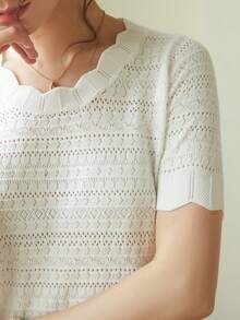 Knit Mix Áo sơ mi nữ thanh lịch, áo thun ngắn tay cổ tròn khoét eo với viền ren độc đáo, phù hợp với dáng người nhỏ nhắn, màu trơn, thích hợp mặc thường ngày/đi làm, áo mùa xuân/hè, màu kem cổ điển tinh tế, trang phục đi học mùa xuân/hè, cũng thích hợp cho các dịp thường nhật như Giáng sinh, Lễ Tạ ơn và Năm mới. Màu trắng - trắng - Xem 7