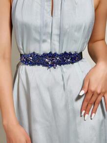 1 件女士手工水钻弹性腰带 - 藍色 - 查看 1