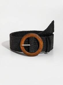 1pc Women Round Buckle Boho Straw Belt For Daily Life - Black - View 1
