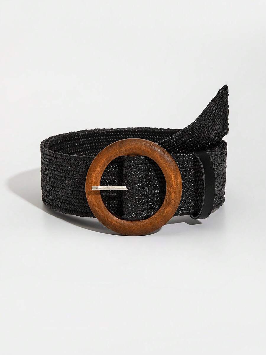 1pc Women Round Buckle Boho Straw Belt For Daily Life - Black - View 1