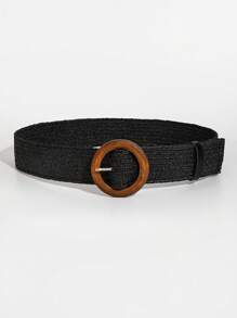 1pc Women Round Buckle Boho Straw Belt For Daily Life - Black - View 2