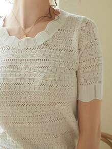 Knit Mix Áo sơ mi nữ thanh lịch, áo thun ngắn tay cổ tròn khoét eo với viền ren độc đáo, phù hợp với dáng người nhỏ nhắn, màu trơn, thích hợp mặc thường ngày/đi làm, áo mùa xuân/hè, màu kem cổ điển tinh tế, trang phục đi học mùa xuân/hè, cũng thích hợp cho các dịp thường nhật như Giáng sinh, Lễ Tạ ơn và Năm mới. Màu trắng - trắng - Xem 8