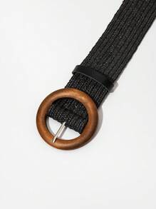 1pc Women Round Buckle Boho Straw Belt For Daily Life - Black - View 3