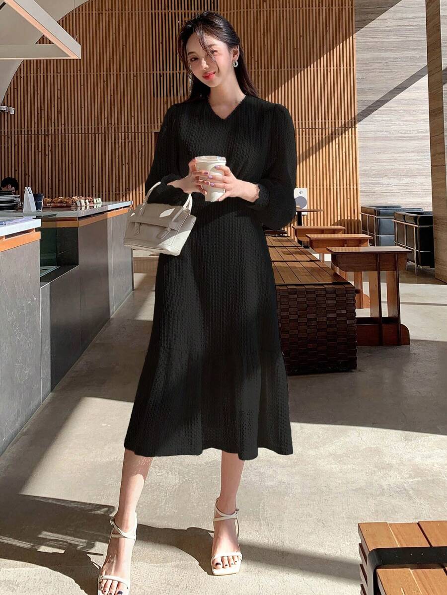 DAZY Đầm Viên lá sen Dây kéo màu trơn Thanh lịch - màu đen - Xem 1