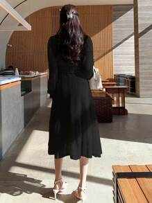 DAZY Đầm Viên lá sen Dây kéo màu trơn Thanh lịch - màu đen - Xem 2