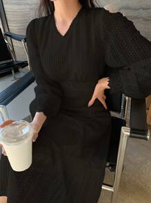 DAZY Đầm Viên lá sen Dây kéo màu trơn Thanh lịch - màu đen - Xem 3