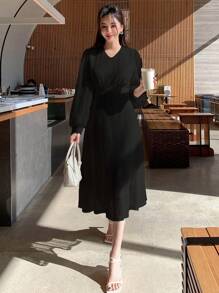 DAZY Đầm Viên lá sen Dây kéo màu trơn Thanh lịch - màu đen - Xem 4