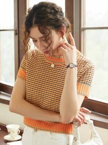 Knit Mix Elegant Women's Fashion Striped Short Sleeve T-Shirt, Contrast Color Design, Slim Fit, Casual Versatile, French Thick Fabric, Essential For Commuting, Suitable For Back To School Season, Autumn/Winter, Also Suitable For Christmas, Thanksgiving And New Year Holidays