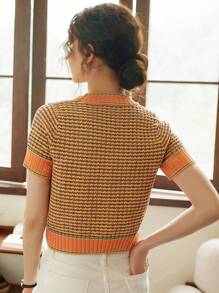 Knit Mix Women's Striped Short Sleeve T-Shirt, Color Block Design, Slim Fit Summer Top For Casual, French Style Commuter Wear Back To School Fall Women Clothes Autumn
