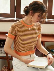 Knit Mix Elegant Women's Fashion Striped Short Sleeve T-Shirt, Contrast Color Design, Slim Fit, Casual Versatile, French Thick Fabric, Essential For Commuting, Suitable For Back To School Season, Autumn/Winter, Also Suitable For Christmas, Thanksgiving And New Year Holidays