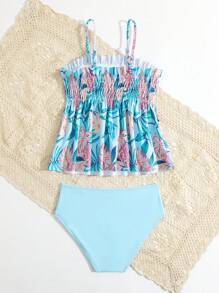 Tankini de verano con estampado tropical, dobladillo con volantes y elástico para niña preadolescente - Celeste - Ver 2