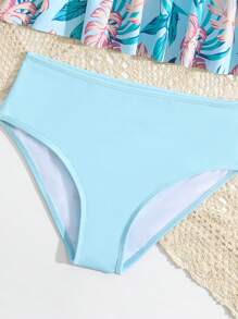 Tankini de verano con estampado tropical, dobladillo con volantes y elástico para niña preadolescente - Celeste - Ver 4