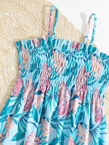 Tankini de verano con estampado tropical, dobladillo con volantes y elástico para niña preadolescente - Celeste - Ver 5