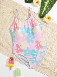 Girls Floral Print One Piece Swimsuit - Multicolor - View 1