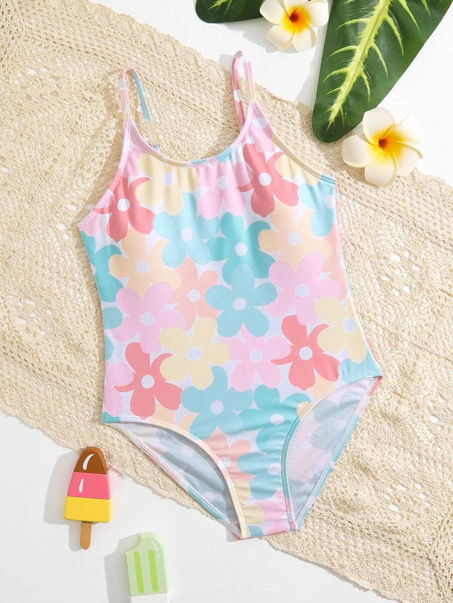 Girls Floral Print One Piece Swimsuit - Multicolor - View 1