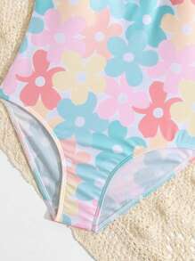 Girls Floral Print One Piece Swimsuit - Multicolor - View 3