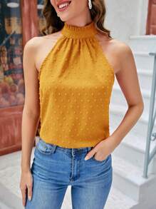 SHEIN Clasi 1入組圓點褶邊繞頸襯衫 - 芥末黃 - 查看 1