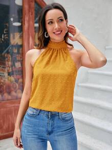 SHEIN Clasi 1入組圓點褶邊繞頸襯衫 - 芥末黃 - 查看 3
