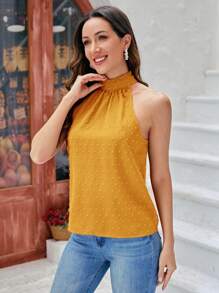SHEIN Clasi 1入組圓點褶邊繞頸襯衫 - 芥末黃 - 查看 4