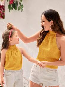 SHEIN Clasi 1入組圓點褶邊繞頸襯衫 - 芥末黃 - 查看 6